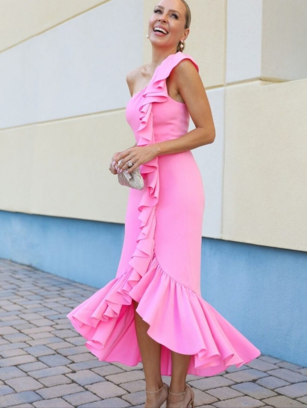 NWT cinq a sept Jovette Flamingo Pink One-Shoulder Draped Ruffle Midi Dress 6